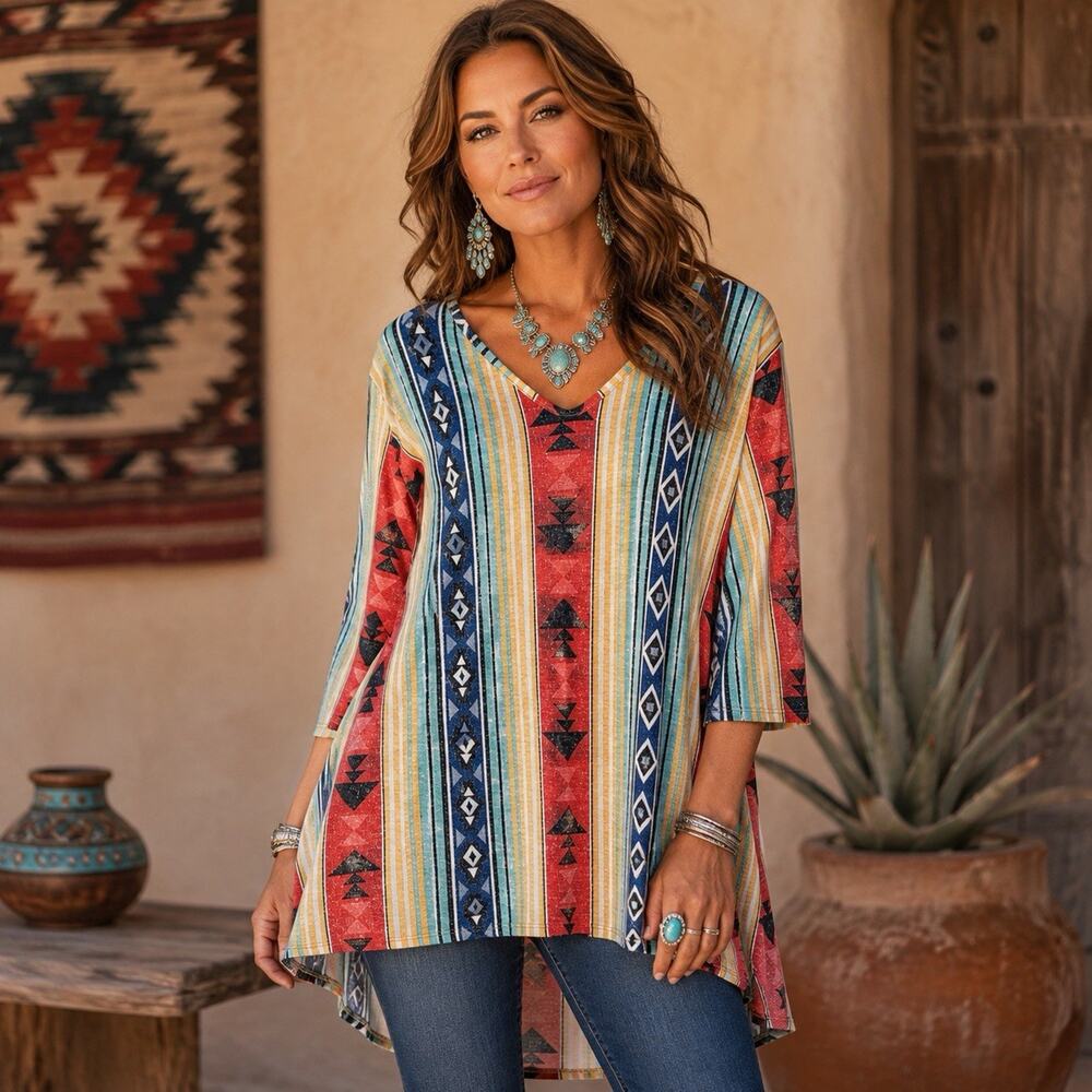 L&B Lucky & Blessed L Southwestern Aztec Boho Tunic Top High Low 3/4 Sleeve
